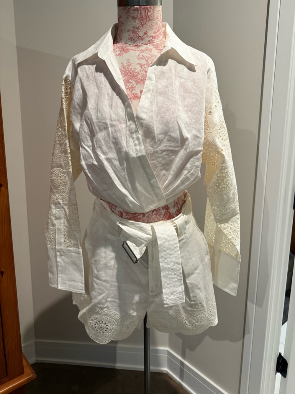 A.L.C. White High-Waist Eyelet Linen Shorts and Cropped Top